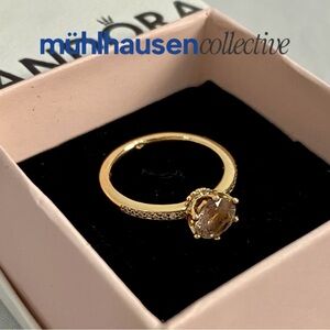 Pandora Rose Gold CZ Solitaire Ring Size 6 w Pavé Band